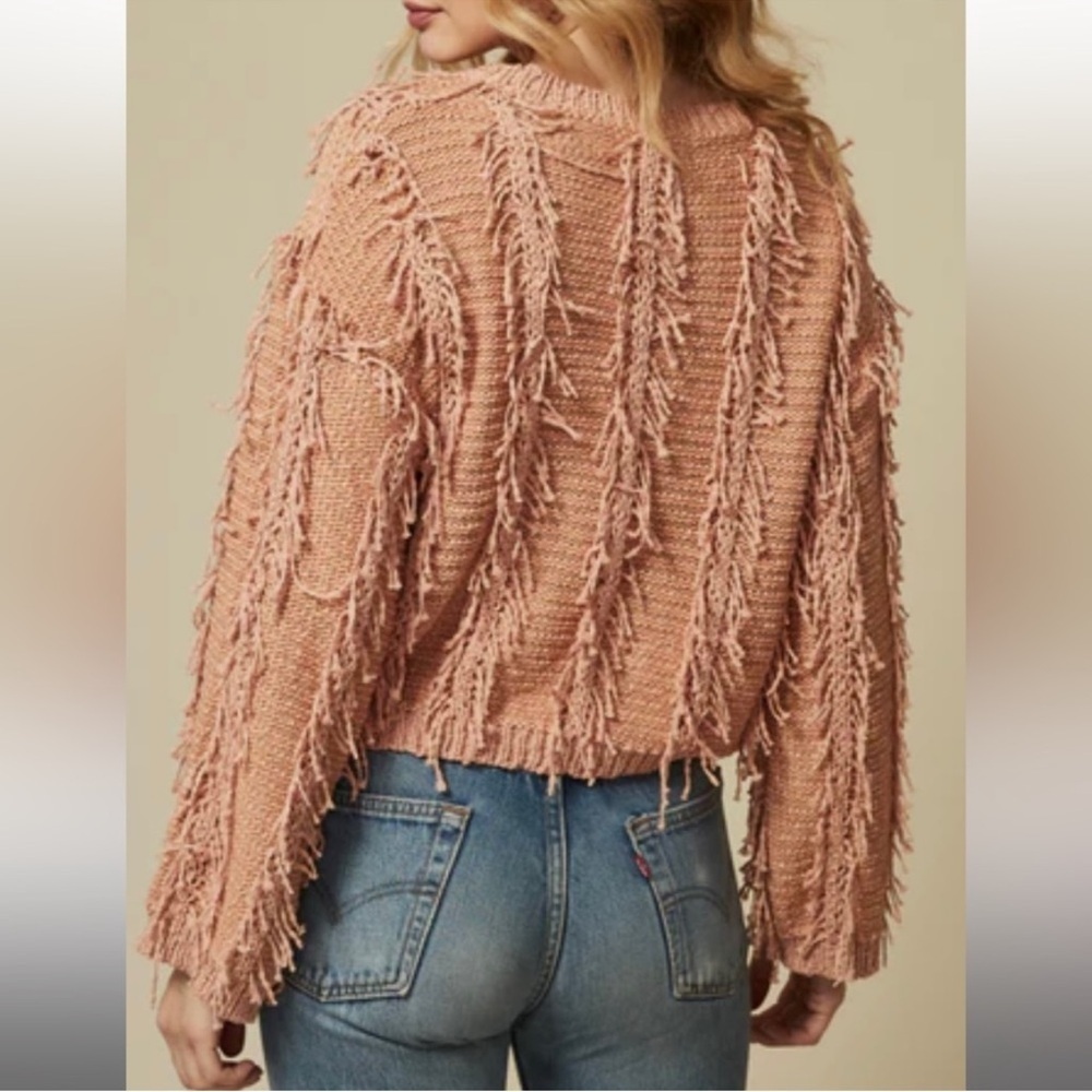 She + Sky Textured Fringe Sweater in Blush, L*